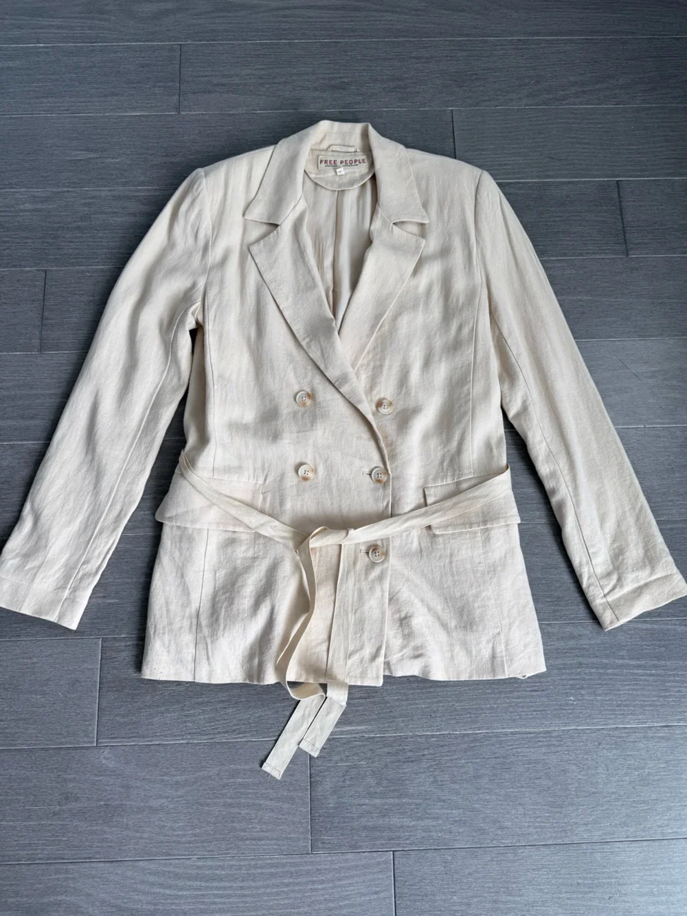 Free People Olivia Tie Front Blazer Neutral XS Linen Oversized Double Breasted